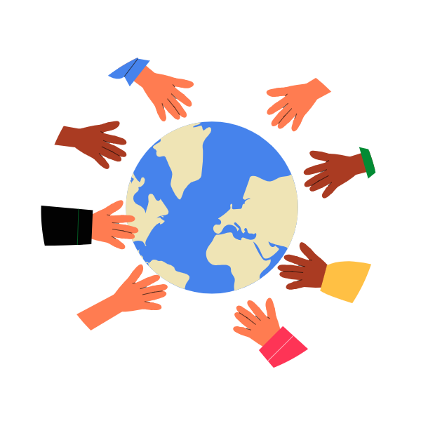 Illustration of a globe with 8 peoples hands extended towards it.